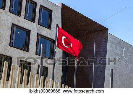 Stock Photo - "Turkish flag in front of the entrance to the Turkish Embassy, Berlin, Berlin, Germany, Europe". Fotosearch