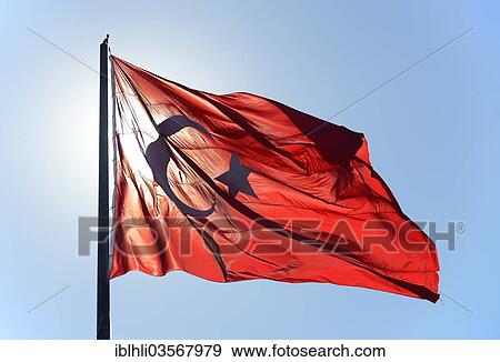 Stock Photo - "Turkish flag with backlighting, Istanbul, European side, Istanbul Province, Turkey, European side, Europe". Fotosearch