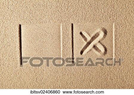 "Two boxes, one with a cross, drawn in sand" View Large Photo Image Stock Image - "Two boxes, one with a cross, drawn in sand". Fotosearch