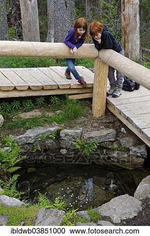 Stock Image - "Two children at the source of the Warm Vltava river in the Sumava National Park near Kvilda, Jihocesky kraj region, South Bohemia, Bohemia, Czech Republic, Europe". Fotosearch