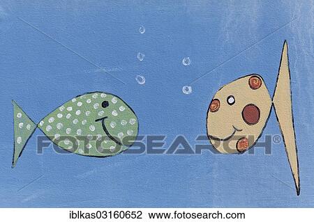 Stock Image - "Two funny fish in the water, children's drawing, Zoutelande, Zeeland province, The Netherlands, Europe". Fotosearch