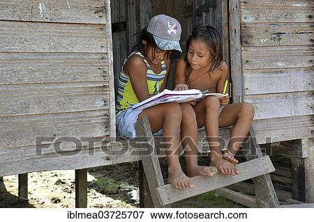 Stock Photo - "Two girls studying in an Indian village, sitting on the steps of their hut, Mamiraua-Nationalpark, near Tefe, Amazonas State, Brazil, South America". Fotosearch