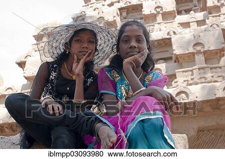 Stock Image - "Two Indian sisters, Mamallapuram, Mahabalipuram, Tamil Nadu, India, Asia". Fotosearch