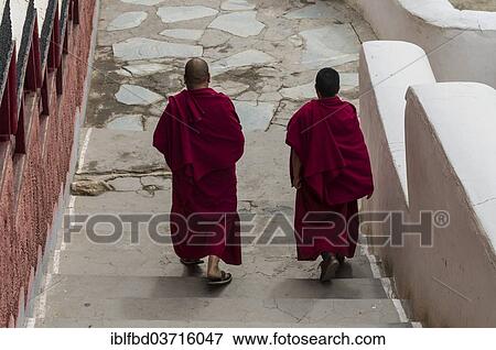 "Two monks walking down some stairs in Thiksey Gompa monastery, Ladakh, Jammu and Kashmir, India, Asia" View Large Photo Image Stock Photo - "Two monks walking down some stairs in Thiksey Gompa monastery, Ladakh, Jammu and Kashmir, India, Asia". Fotosearch