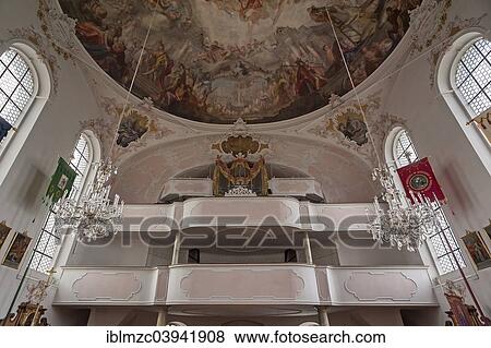 Stock Photo - "Two-storey organ loft, above ceiling fresco, Church of Saint Peter and Paul, Mittenwald, Bavaria, Germany, Europe". Fotosearch