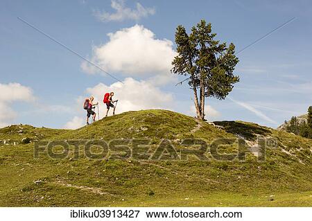 Stock Photo - "Two women hiking, trail from the Fuorn Pass to Fuorcla Funtana da S-charl, at Val Mustair, Plaun da L'Aua, Swiss National Park, Graubunden, Switzerland, Europe". Fotosearch