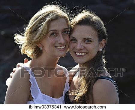 Stock Image - "Two young women, girlfriends, Lanzarote, Canary Islands, Spain, Europe". Fotosearch