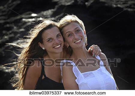 Stock Photo - "Two young women, girlfriends, Lanzarote, Canary Islands, Spain, Europe". Fotosearch