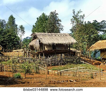 Stock Photo - "Typical bamboo hut of a Akha village in the west of Chiang Rai, Chiang Rai Province, Northern Thailand, Thailand, Asia". Fotosearch