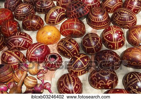 Stock Image - "Typical calabash helmets at a market, Tourou, Far North, Cameroon, Africa". Fotosearch
