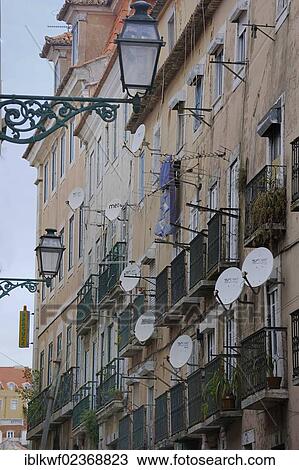 "Typical facades with balconies and satellite dishes, Bairro Alto, Lisbon, Portugal, Europe" View Large Photo Image Stock Image - "Typical facades with balconies and satellite dishes, Bairro Alto, Lisbon, Portugal, Europe". Fotosearch