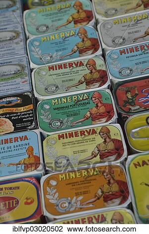 Stock Image - "Typical Portuguese sardine cans in a deli, Alfama, Lisbon, Lisbon District, Portugal, Europe". Fotosearch