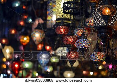 Stock Photo - "Typical stained glass lanterns or lamps, Grand Bazaar, covered market, Beyazit, old town, Istanbul, Istanbul Province, Turkey, Asia". Fotosearch