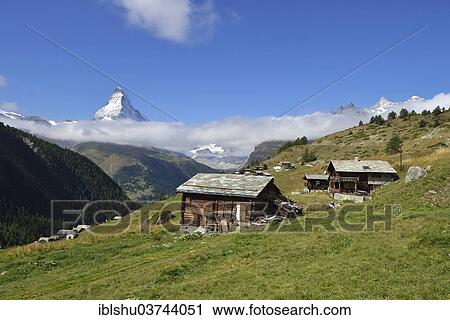 Stock Image - "Typical Valaisian spycher, a traditional barn, in front of the Matterhorn, Findeln, Zermatt, Canton of Valais, Switzerland, Europe". Fotosearch