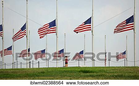 Picture - "U. S. flags at half mast, Washington National Monument, memorial, obelisk, Washington DC, District of Columbia, USA". Fotosearch