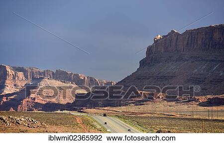 Stock Image - "U. S. Highway 191 to the Arches and Canyonlands national parks, in front of Moab, Utah, United States of America, USA". Fotosearch