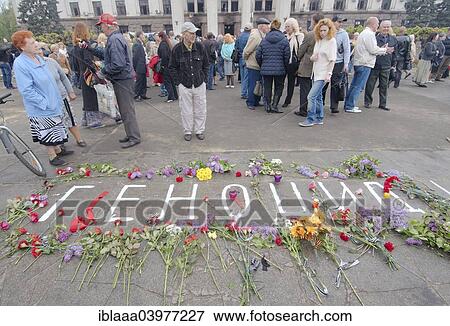 "Ukraine conflict, people gathered in front of the burnt down building of the trades union to honor the memory of 42 killed supporters of the federalization of Ukraine, Odessa, Odessa Oblast, Ukraine, Europe" View Large Photo Image Stock Photo - "Ukraine conflict, people gathered in front of the burnt down building of the trades union to honor the memory of 42 killed supporters of the federalization of Ukraine, Odessa, Odessa Oblast, Ukraine, Europe". Fotosearch