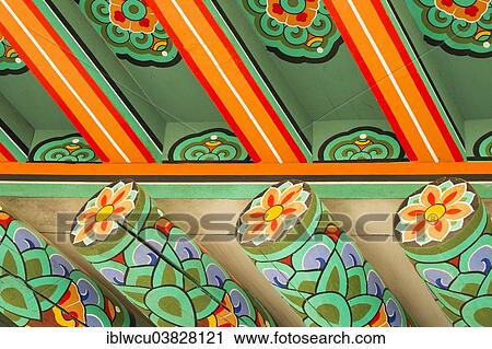 Stock Image - "Under roof decorations of a temple, Changgyeonggung Palace, Seoul, South Korea, Asia". Fotosearch