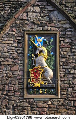 Stock Photograph - "Unicorn with the arms of Edinburgh, at the gatehouse of Holyrood Palace, Edinburgh, Scotland, United Kingdom, Europe". Fotosearch