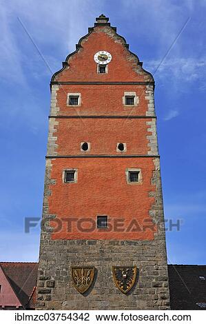 "Upper part of the Woernitz Gate with the city and the national coat of arms, 14th Century, renaissance gable with bell tower from the 16th century, Dinkelsbuhl, Middle Franconia, Bavaria, Germany, Europe" View Large Photo Image Stock Image - "Upper part of the Woernitz Gate with the city and the national coat of arms, 14th Century, renaissance gable with bell tower from the 16th century, Dinkelsbuhl, Middle Franconia, Bavaria, Germany, Europe". Fotosearch