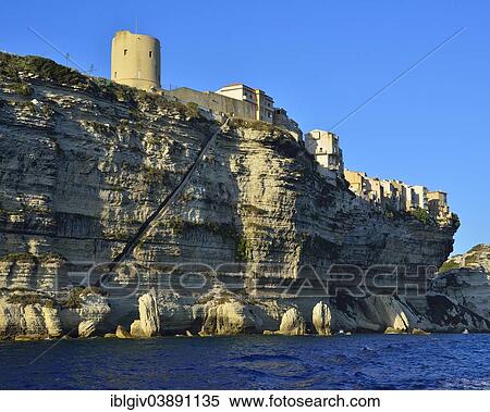Stock Photography - "Upper town on the white chalk cliffs, Bonifacio, Corsica, France, Europe". Fotosearch