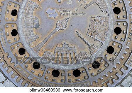 "Various Berlin landmarks such as the Brandenburg Gate, the TV tower, the Reichstag, the Victory Column depicted on manhole covers, manhole covers of the Berlin Water Works, Berlin, Berlin, Germany, Europe" View Large Photo Image Stock Photograph - "Various Berlin landmarks such as the Brandenburg Gate, the TV tower, the Reichstag, the Victory Column depicted on manhole covers, manhole covers of the Berlin Water Works, Berlin, Berlin, Germany, Europe". Fotosearch