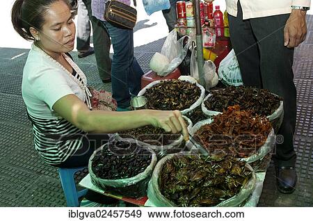Stock Photo - "Vending stall for grilled and salted cockroaches as a snack, Phnom Penh, Cambodia, Southeast Asia, Asia". Fotosearch