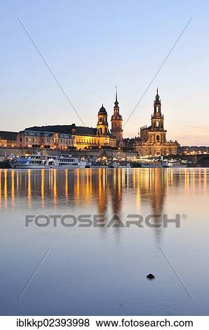 Stock Photo - "View across the Elbe River towards the historic town centre of Dresden in the evening, Saxony, Germany, Europe". Fotosearch