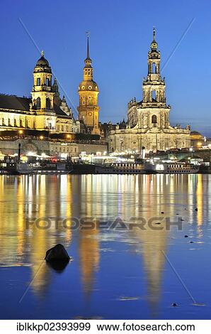Stock Photo - "View across the Elbe River towards the historic town centre of Dresden in the evening, Saxony, Germany, Europe". Fotosearch