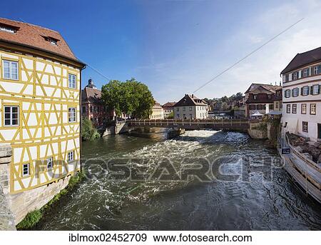 Stock Photo - "View across the Regnitz river as seen from the old town hall, Bamberg, Franconia, Bavaria, Germany, Europe". Fotosearch