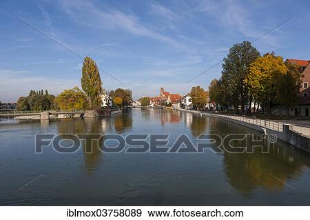 Stock Photo - "View across the river Isar to the historic city centre, Landshut, Lower Bavaria, Bavaria, Germany, Europe". Fotosearch