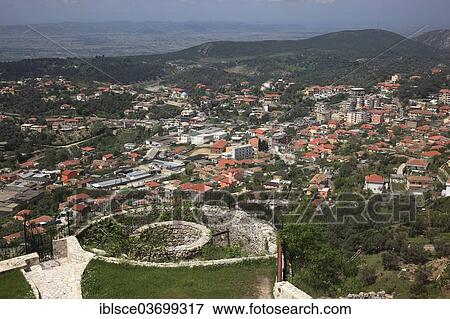 Stock Photo - "View across the ruins at the Skanderbeg Museum to the new part of town, Kruja, Durres County, Albania, Europe". Fotosearch