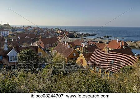 "View across the town on the Baltic Sea in the evening light, Bornholm, Gudhjem |Gudhjem|, Denmark, Europe" View Large Photo Image Stock Photo - "View across the town on the Baltic Sea in the evening light, Bornholm, Gudhjem |Gudhjem|, Denmark, Europe". Fotosearch
