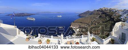 Stock Image - "View, Caldera, ships, panoramic view, Santorini, Fira, Santorini, Cyclades, Aegean Sea, Greece, Europe". Fotosearch