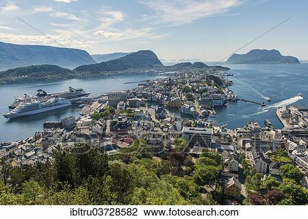 "View from Aksla Town Mountain over the town, Alesund, More og Romsdal, Western Norway, Norway, Europe" View Large Photo Image Stock Image - "View from Aksla Town Mountain over the town, Alesund, More og Romsdal, Western Norway, Norway, Europe". Fotosearch