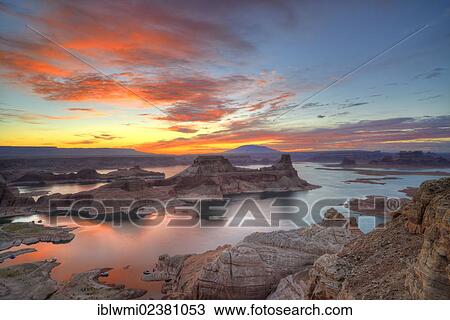 "View from Alstrom Point to Lake Powell at sunrise, Padre Bay with Gunsight Butte and Navajo Mountain, houseboats, Bigwater, Glen Canyon National Recreation Area, Arizona, Southwestern USA, Utah, USA" View Large Photo Image Stock Image - "View from Alstrom Point to Lake Powell at sunrise, Padre Bay with Gunsight Butte and Navajo Mountain, houseboats, Bigwater, Glen Canyon National Recreation Area, Arizona, Southwestern USA, Utah, USA". Fotosearch