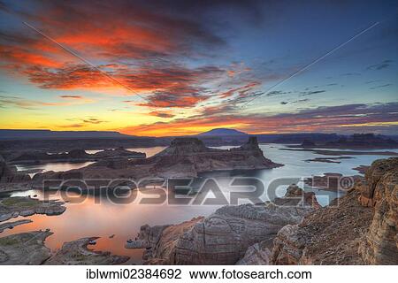 "View from Alstrom Point to Lake Powell at sunrise, Padre Bay with Gunsight Butte and Navajo Mountain, houseboats, Bigwater, Glen Canyon National Recreation Area, Arizona, Utah, Southwestern USA, USA" View Large Photo Image Stock Image - "View from Alstrom Point to Lake Powell at sunrise, Padre Bay with Gunsight Butte and Navajo Mountain, houseboats, Bigwater, Glen Canyon National Recreation Area, Arizona, Utah, Southwestern USA, USA". Fotosearch