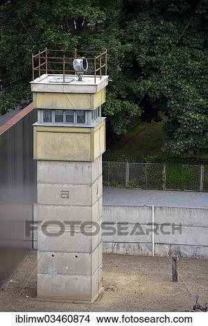 Picture - "View from an observation tower over a former watchtower, NVA border guards, border strip, death strip, enclosing steel wall, remains of the wall, Berlin Wall Memorial, Bernauer Strasse, Berlin, Berlin, Germany, Europe". Fotosearch