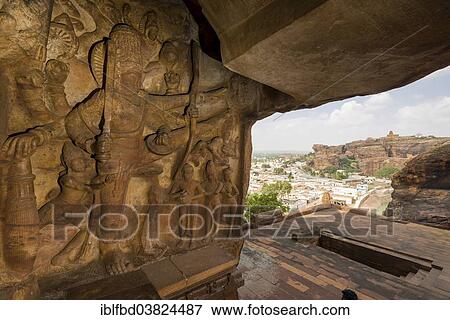 Stock Photo - "View from Badami Caves, carved out of solid rock in 6th to 7th century, towards the town, Badami, Karnataka, India, Asia". Fotosearch