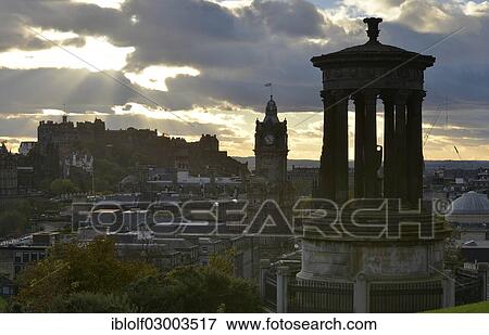"View from Calton Hill with the Dugald Stewart Monument on the Edinburgh Castle and the historic city center, Edinburgh, Scotland, United Kingdom, Europe" View Large Photo Image Stock Photo - "View from Calton Hill with the Dugald Stewart Monument on the Edinburgh Castle and the historic city center, Edinburgh, Scotland, United Kingdom, Europe". Fotosearch