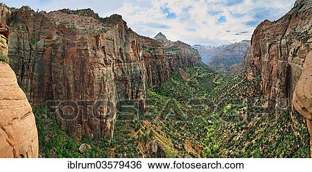 "View from Canyon Overlook into the lush green valley of Pine Creek, Zion National Park, Utah, United States, North America" View Large Photo Image Stock Photograph - "View from Canyon Overlook into the lush green valley of Pine Creek, Zion National Park, Utah, United States, North America". Fotosearch