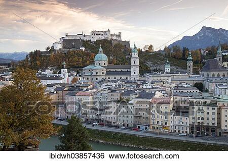 Stock Photograph - "View from Capuchin Mountain towards Salzburg Cathedral and Hohensalzburg Fortress, Salzburg, Land Salzburg, Austria, Europe". Fotosearch