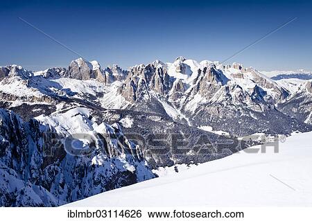 Stock Photograph - "View from Cima Undici Mountain over the Val S. Nicolo valley towards Rosengartengruppe, the Rose Garden Group, Fassatal, Trentino Province, Trentino-Alto Adige, Italy, Europe". Fotosearch