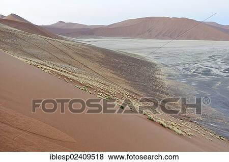 Stock Photo - "View from Dune 45 on a desert landscape with dunes at dawn, Tsauchab-Tal, Sossusvlei, Namib-Naukluft-Park, Namib-Wuste, Namibia, Africa". Fotosearch