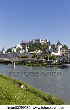Stock Image - "View from Elisabethkai over the Salzach River with Makartsteg towards the historic town centre, Salzburg, Salzburg State, Austria, Europe". Fotosearch