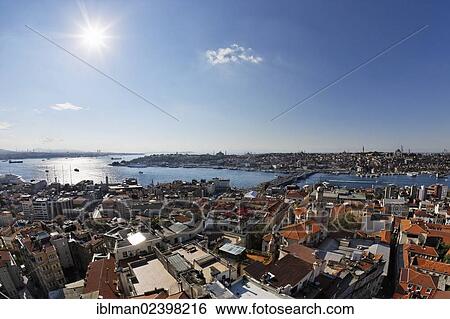 Stock Photograph - "View from Galata Tower across the Beyoglu district, Bosphorus and the Golden Horn, Galata Bridge and Sultanahmet at back, Istanbul, european side, Turkey, Europe, Asia". Fotosearch