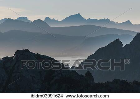 Picture - "View from Glomtinden mountain over the Henningsvaersund on the Vestvagoy island, Lofoten, Nordland, Norway, Europe". Fotosearch