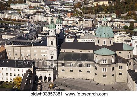 Stock Image - "View from Hohensalzburg Fortress over the town with Salzburg Cathedral, Salzburg, Land Salzburg, Austria, Europe". Fotosearch