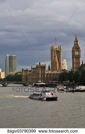 Stock Photo - "View from Hungerford Bridge on the Houses of Parliament and Elizabeth Tower clock tower, London, England, United Kingdom, Europe". Fotosearch