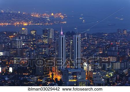 Stock Image - "View from Istanbul Sapphire south with Bosphorus and Marmara Sea at dusk, Levent, Besiktas, Istanbul, European side, Istanbul Province, Turkey, European side, Europe". Fotosearch